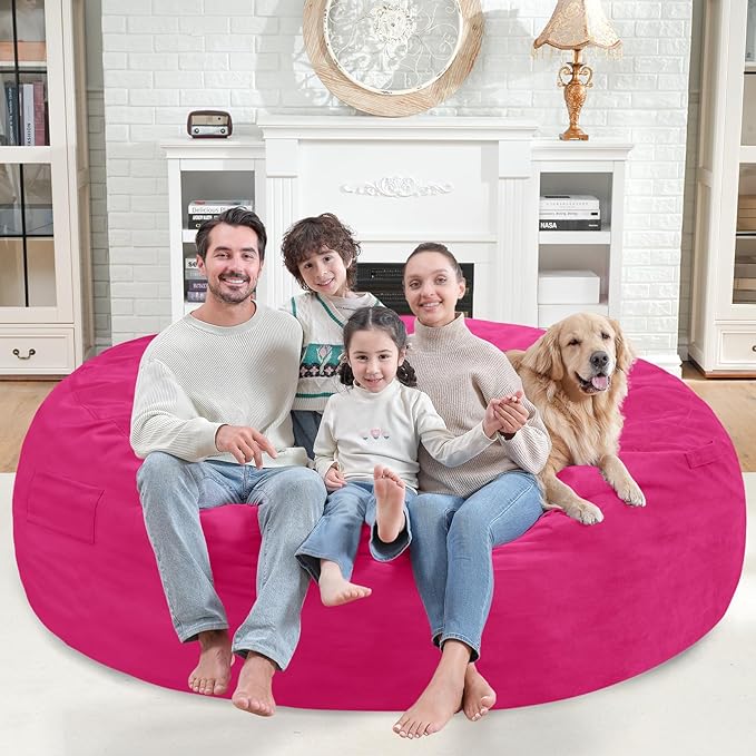 7FT Bean Bag Chair, Large Bean Bag Chairs with Memory Foam Filled, Fluffy Beanbag Sofa with Dutch Velvet Cover, Round BeanBag Chairs for Living Room, Playroom - Pink-CubbioJoy