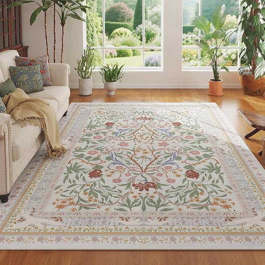 Area Rugs 8x10 for Living Room Clearance Washable Vintage Floral Botanical Rug Non Slip Low Pile Large Rug for Bedroom, Farmhouse, Dining Room, Kids Playroom, Beige-CubbioJoy