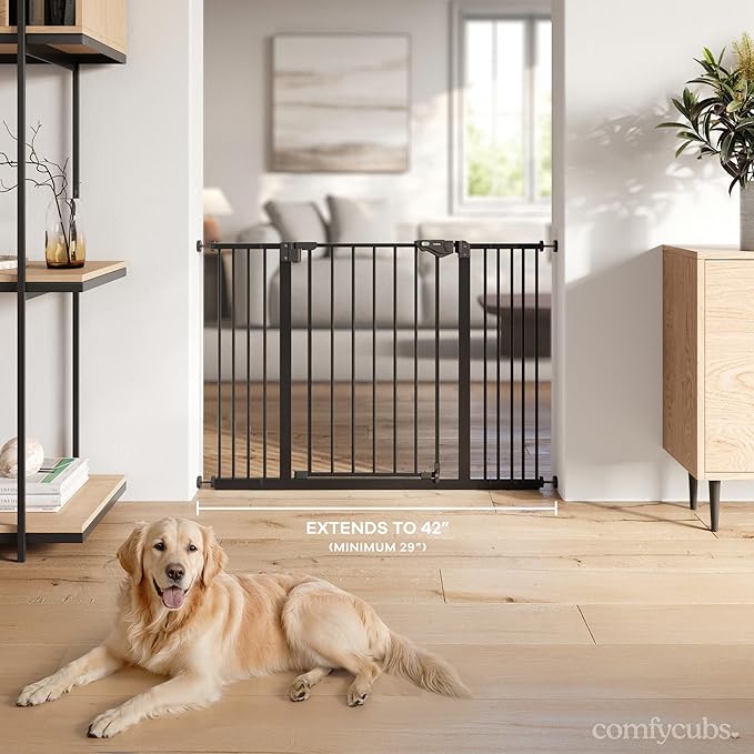 Comfy Cubs Baby Safety Gate with 3 Extensions - Adjustable 42" x 1.9" x 30" Q195 Steel Doorway Barrier - Powder-Coated Finish for Stairs and Doorways - Walk-Through Design Pet Gate - Black-CubbioJoy