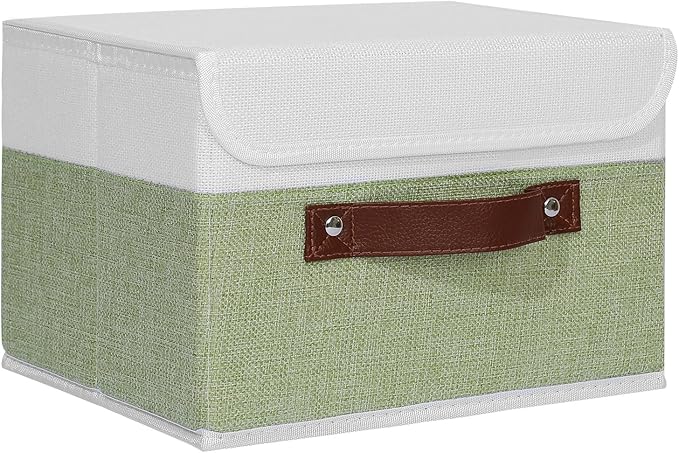 ANMINY Storage Boxes with Lids Washable Decorative Storage Bins Basket with PU Leather Handle Foldable Linen Fabric Storage Cubes Containers for Home Closet Organizer - Green White, Small Size-CubbioJoy
