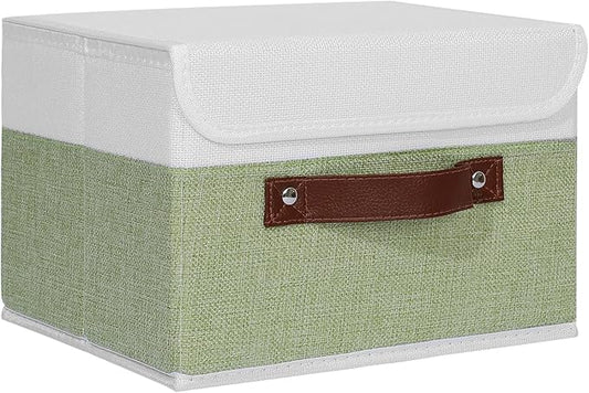 ANMINY Storage Boxes with Lids Washable Decorative Storage Bins Basket with PU Leather Handle Foldable Linen Fabric Storage Cubes Containers for Home Closet Organizer - Green White, Small Size-CubbioJoy