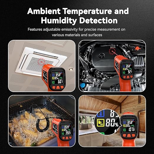 Infrared Thermometer Temperature Gun -58°F to 1796°, 16:1 Non Contact Laser Thermometer Gun with Thermocouple Probe for Humidity, Pizza Oven, Griddle, Ir Temp Gun for Home and Industry Repair-CubbioJoy