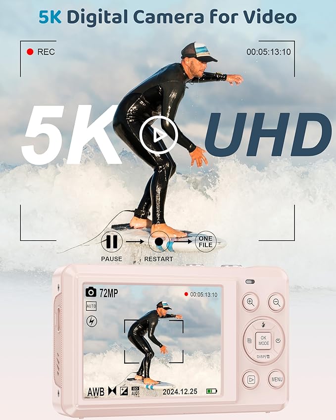 5K Digital Camera - 72MP UHD Digital Cameras for Photography - Autofocus Point and Shoot Small Camera with Flash for Kids - 2.8 Inch Screen Compact Portable Vlogging Camara with 16X Zoom, 32GB SD Card-CubbioJoy