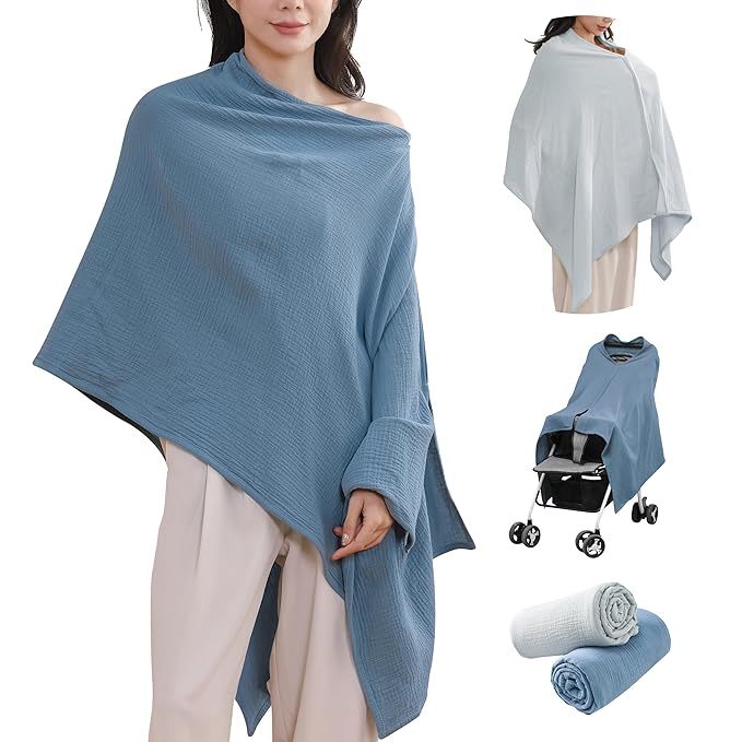2-Pack Nursing Covers for Breastfeeding, 100% Organic Cotton Muslin Breastfeeding Cover, Multi-Use Nursing Scarf, Car Seat Canopy, Stroller Cover, Soft Breathable Baby Blanket Grey-CubbioJoy