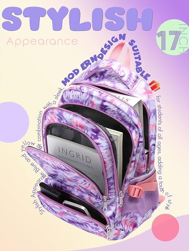 BLUEFAIRY Kids Backpack for Girls Elementary Primary Middle School Bag for Aged 8-10 for Teens Childs Bookbag Back to School Bag Mochilas Escolares para Niñas de 7 8 9 10 Tie-dye Purple-CubbioJoy