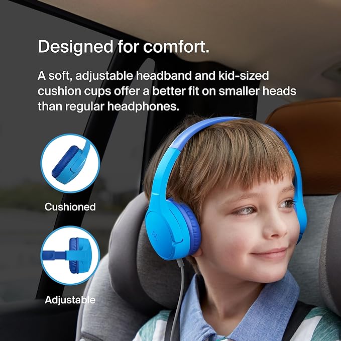 Belkin SoundForm Mini Kids Wired Headphones with Built-in Microphone & Fun Stickers, 85dB Safe Volume Limit – for Online Learning, Travel, Compatible w/iPhone 15, iPad, Galaxy S23, & More - Blue-CubbioJoy