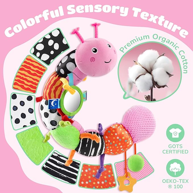 Baby Toys 6-12 Months Music Caterpillar Infant Toys Stuffed Animals 0-3-6 Months Teething Tummy Time Sensory Toys with Mirror Rattle&Pull String for Boys Girls Birthday Gifts|Pink,Knot Limb-CubbioJoy