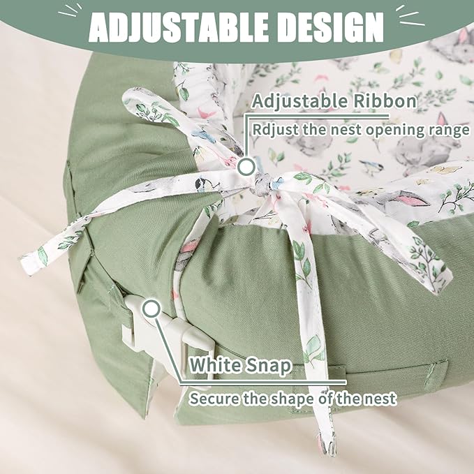 Baby Lounger Cover for Boys Girls, Reversible Baby Nest Cover, Adjustable Baby Lounger Replaceable Cover for Infant Newborn, Portable and Machine Washable, Cotton Green Rabbit Cover Only-CubbioJoy