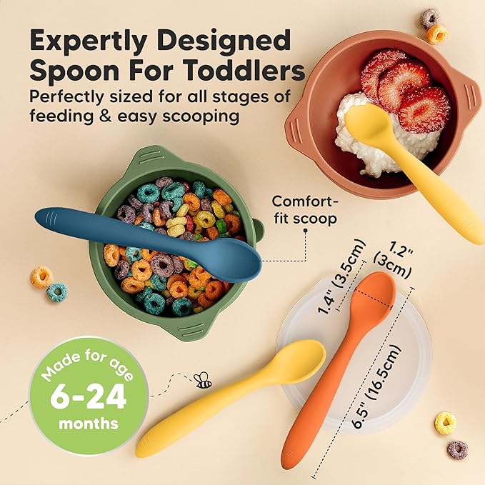 KeaBabies Silicone Baby Spoons, Self Feeding 6-12 months - 3-Pack Baby Weaning Eating Utensils, Toddler First Food Training Spoon, Infant, Kids Feeding Supplies Essential Set,Dishwasher-safe (Valiant)-CubbioJoy