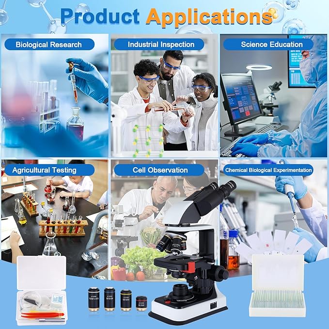 40X-2500X Binocular Microscope, WF10x and WF25x Eyepieces, LED Illumination, with Specimen Handpiece Holder, for Beginners, Microscope for Adults-CubbioJoy