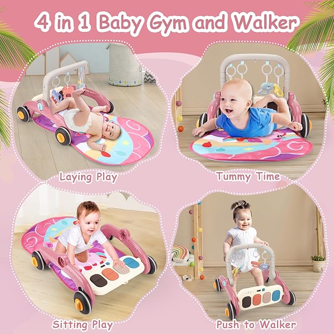 Baby Play Gym Walker Kick and Play Piano Gym for Boys Girls Play Mat Musical Tummy Time Mat Infant Christmas Newborn Gifts Toddlers (Pink)-CubbioJoy