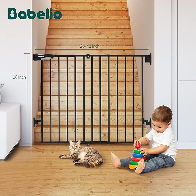 Babelio 26-43" No Bottom Bar Baby Gate for Babies, Elders and Pets, 2-in-1 Hardware Mount Dog Gate for The House, Stairs and Doorways, with Large Walk Thru Door, Black-CubbioJoy