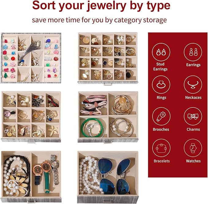 BOOVO Jewelry Box For women, 6 Layer Large Jewelry Organizer With Mirror, Accessory Holder With 5 Drawers, For Earrings Necklace Ring Bracelet (woodgrain grey)-CubbioJoy