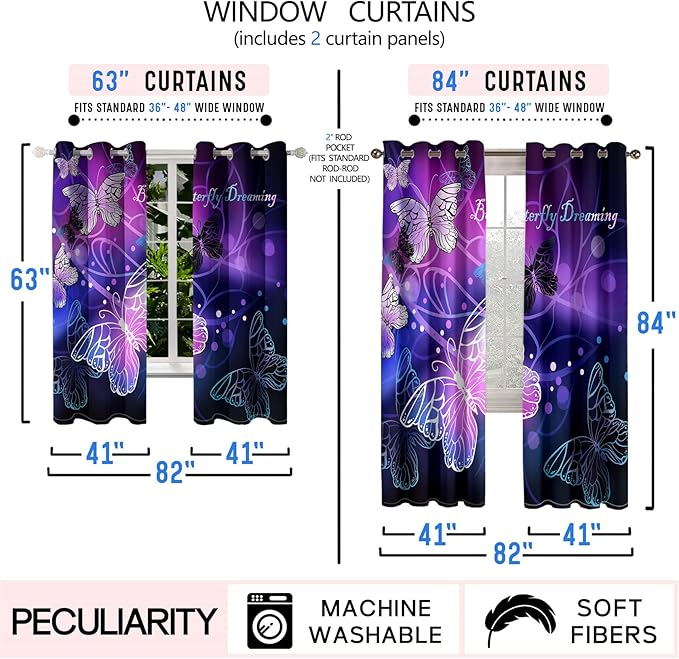 Butterfly Blackout Curtain for Girls Bedroom 2Pcs, Purple Window Curtain Panels Drapes Set Curtains 63 inch Length for Kids Bedroom Nursery Room Grommet Top Thermal Insulated Curtains, 82" x 63"-CubbioJoy