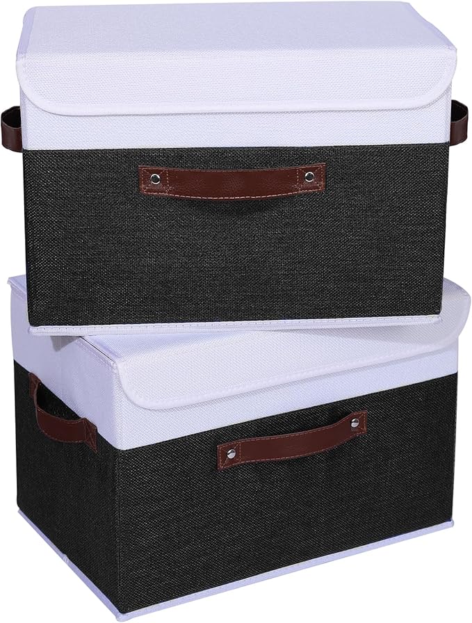 ANMINY 4PCS Storage Boxes with Lid Washable Decorative Storage Bins Basket with PU Leather Handle Foldable Linen Fabric Storage Cubes Containers for Home Closet Organizer - Black White, Large Size-CubbioJoy