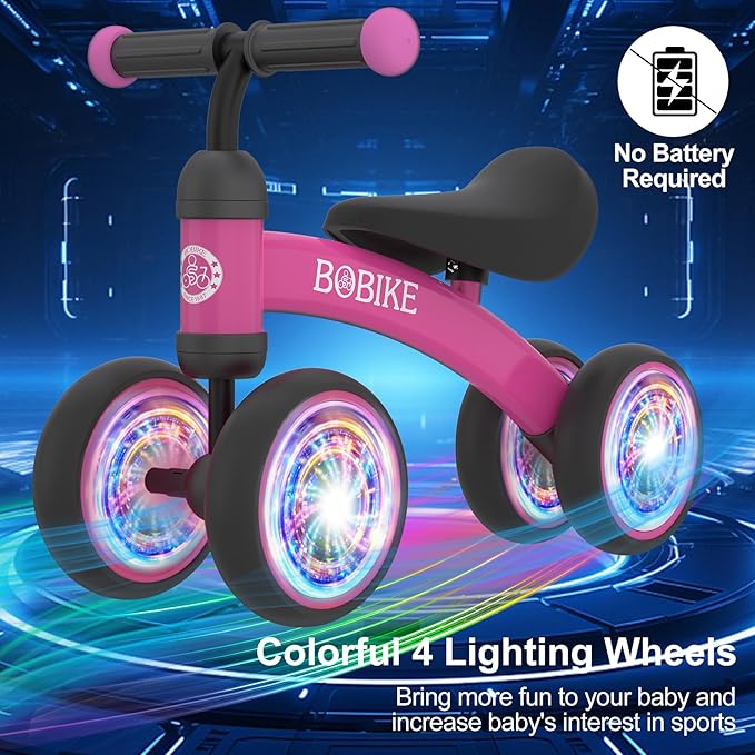 Baby Balance Bike Toys for 12-36 Months Kids Toy Boy and Girls Gifts Toddler Best First Birthday Gift Children Walker No Pedal Infant 4 Wheels Bicycle (Colorful, Rose Red-Light)-CubbioJoy