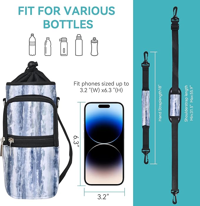25/32/40/64oz Water Bottle Bag Holder Carrier-Insulated Crossbody Sling Case Sleeve with Strap & Pockets for Men Women Gym Cycling Travel Walking Hiking Camping-CubbioJoy