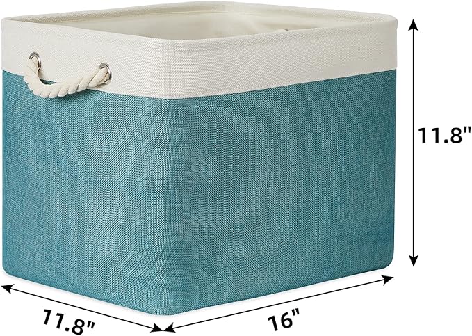 Bidtakay Foldable Storage Bins Set of 2 Tall Cloth Baskets 16" X 11.8" X 11.8" Decorative Organizers for Linen Closet (White & Teal)-CubbioJoy
