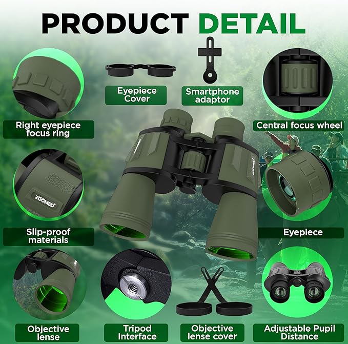 Binoculars with Phone Bracket Adapter, Militar, 20x50, Adults, High Power Waterproof with Low Light Night Vision for Hunting, Travel, Games, Bird, Carrying Case Strap.-CubbioJoy