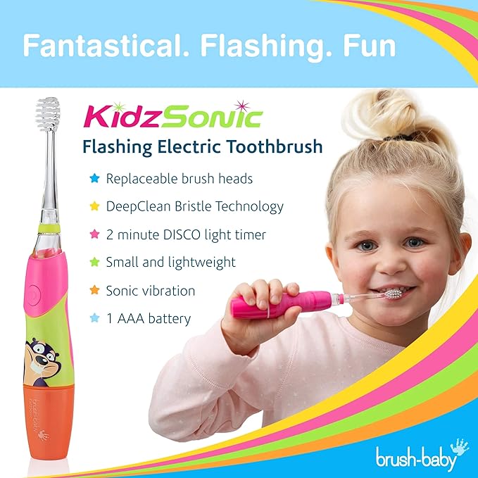 Brush Baby KidzSonic Toddler and Kid Electric Toothbrush for Ages 3+ Years - Disco Lights, Gentle Vibration, and Smart Timer Provide a Fun Brushing Experience - (3) 3+ yrs Brush Heads Included (Pink)-CubbioJoy