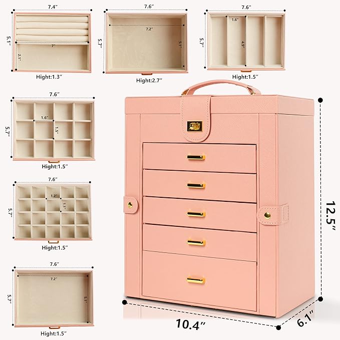 AKOZLIN Large Jewelry Box Organizer Functional Lockable with Big Mirror, Leather Jewelry Storage Case for Women Girls Ring Necklace Earring Bracelet Holder Organizer Pink-CubbioJoy