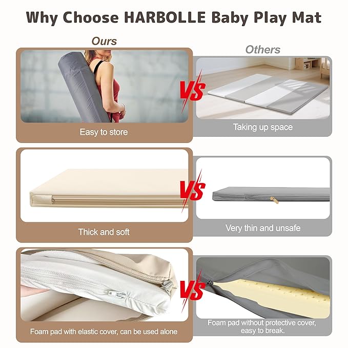 Baby Play Mat 47x47 Inches, Extra Thick 1.2" Foam Floor Mat for Tummy Time & Crawling, Waterproof Non-Slip Faux Leather Playpen Mat for Infants Toddlers, Indoor Outdoor Gym Activity, Beige-CubbioJoy
