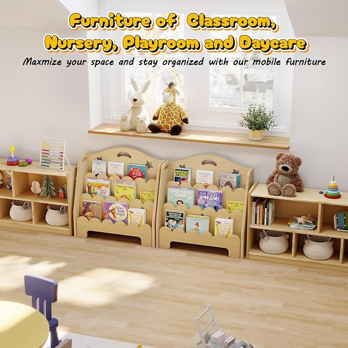 3-Tier Montessori Wooden Bookshelf for Kids, Toddler Book Rack Toy Organizer and Storage, Small Book Display Stand for Baby, Bookshelves Furniture for Classroom, Nursery, Playroom, Library-CubbioJoy