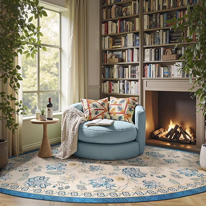 jinchan Floral Corner Rug for Living Room Washable Bedroom Rug Vintage Romance Design Non Slip Quarter Circle Lightweight Low-Pile Throw Carpet for Reading Nook Playroom,8ft Radius, Blue/Beige-CubbioJoy