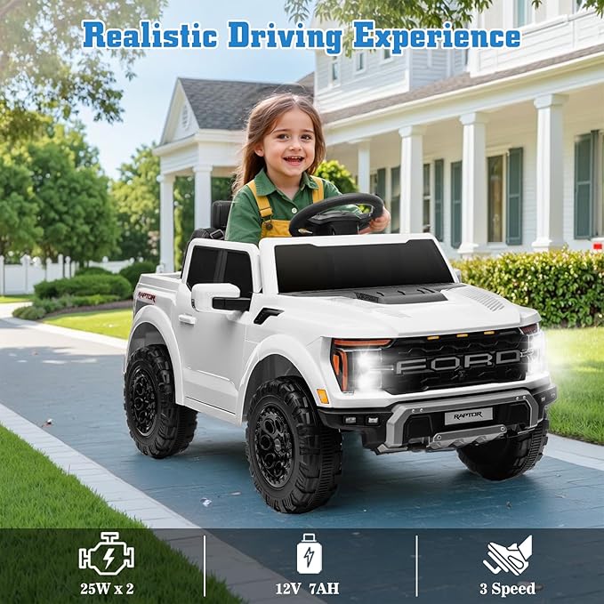 12V Ride on Car Licensed Ford F-150 Raptor, Kids Electric Car with Remote Control, LED Light/Music/MP3, Truck Bed Storage, 3-Point Seat Belt (12V, White)-CubbioJoy