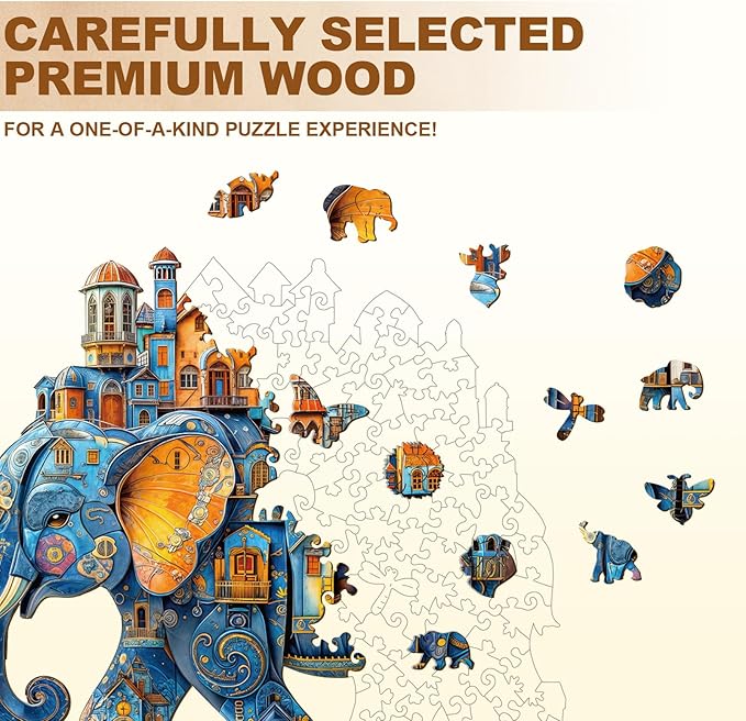 Jigfoxy Wooden Puzzles for Adults, Elephant House Wood Puzzles Adult, Unique Animal Shape Wooden Jigsaw Puzzles for Adults, Birthday Gifts for Puzzle Lovers, Family, Friend (S-8.5 * 7.4in-100pcs)-CubbioJoy