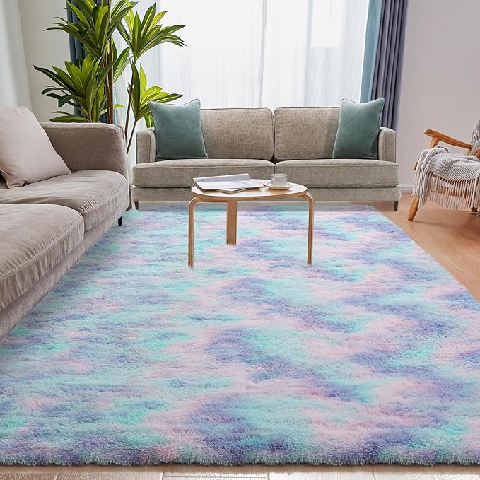 4x5.8 Rainbow Rug for Girls Room, Fluffy Area Rugs for Bedroom, Colorful Kids Rug Cute Anti-Skid Indoor Carpet for Nursery, Living Room, Playroom, Home Decor-CubbioJoy