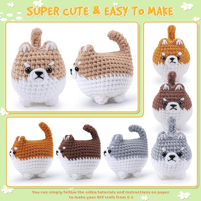 Crochet Kit for Beginners- 4 PCS Fat Shiba Inu Crochet Kits for Adults, 4PCS Corgi Dog Crochet Animal Kit with Step-by-Step Video Tutorials, Yarn, Crochet Hook, Instructions DIY Knitting Kit-CubbioJoy
