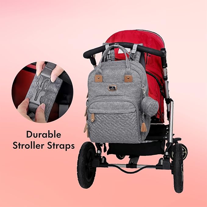 Dikaslon Diaper Bag Backpack with Portable Changing Pad, Pacifier Case and Stroller Straps, Large Unisex Baby Bags for Boys Girls, Multipurpose Travel Back Pack Moms Dads, Gray-CubbioJoy