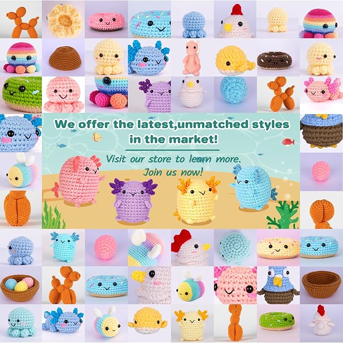 Crochetta Crochet Kit for Beginners, Crochet Starter Kit w Step-by-Step Video Tutorials, Beginner Crochet Kit for Adults Kids Women Men Complete Kit Included (4 Mini Axolotls)-CubbioJoy