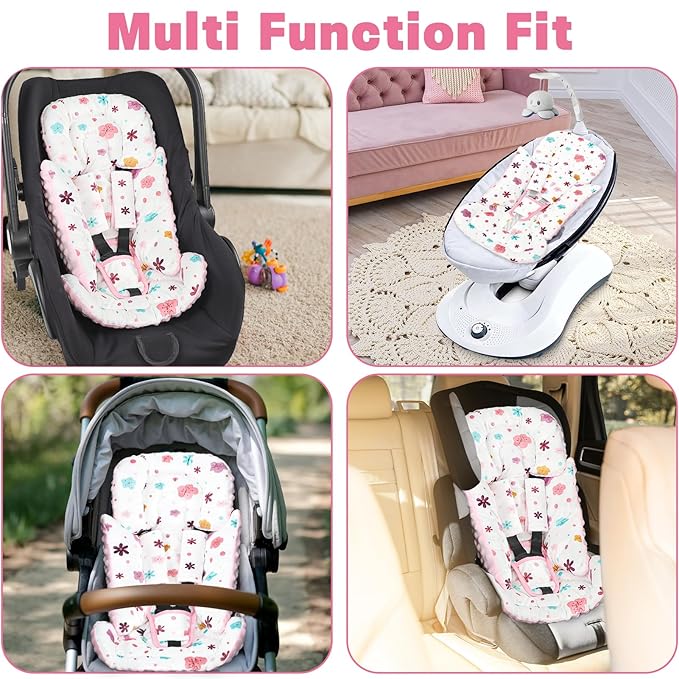 Infant Car Seat Insert with 3 Strap Covers, 3 in 1 Reversible Floral Baby Car Seat Head Support for Newborn, Baby Girl Newborn Essentials for Preemie to Infant, Stroller, Swing, Bouncer (Pink)-CubbioJoy