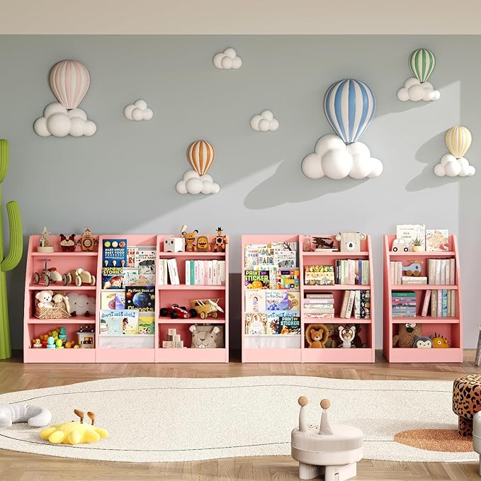 4 Tier Kids Bookshelf Set of 2,4 Layer Sling Kids Book Shelf for Kids Rooms,Wood Children Bookcase,Baby Storage Book Rack,Toddler Bookshelf, Book and Toy Organizer,Book Display Shelf for Nursery-CubbioJoy