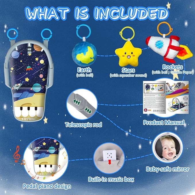 Car Seat Toys for Baby Infant 6 Months and Up, Carseat Toys with Musical Pedal Piano, Baby Mirror and Hanging Squeaky Sensory Soft Baby Toys 6 to 12 Months, Baby Car Toys Rear Facing-CubbioJoy