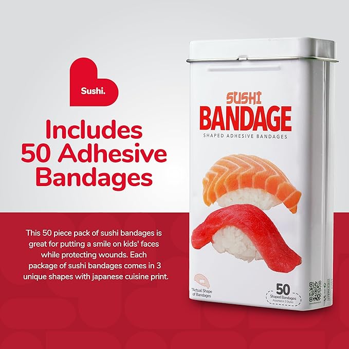 BioSwiss Bandages, Sushi Shaped Self Adhesive Bandage, Latex Free Sterile Wound Care, Fun First Aid Kit Supplies for Kids, 50 Count-CubbioJoy
