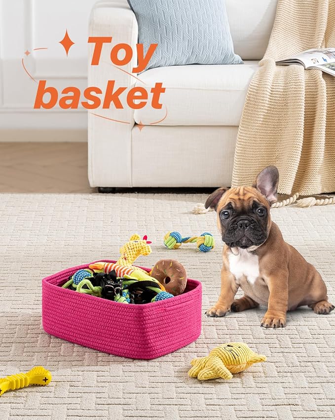 KALLAX Small Woven Basket, 13.5 x 9.5 x 5 Inches, Storage Basket for Organizing, Cute Small Rope Shelf Closet Cube Storage Bins Baskets for Shelves, Dog Toy Gift Baskets Empty, 3 Packs, Hot Pink-CubbioJoy