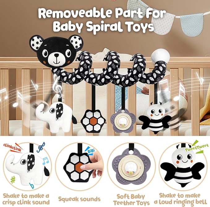 Car Seat Toys for Babies 0-6 Months,Hanging Rattle Toys for Crib Mobile, Baby Spiral Hanging Stroller Black and White High Contrast Toys for Newborn 0 3 6 9 12 Months Baby Boys Girls (Bear)-CubbioJoy