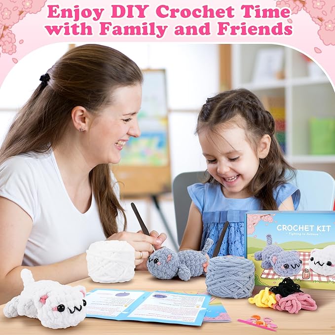 Crochet Kit for Beginners - 2PCS Kitty Crochet Kit with Step-by-Step Video Tutorials, Crochet Starter Kit for Adults and Kids, Learn to Crochet Cat, Beginner Crocheting Kit Easy Peasy Yarn-CubbioJoy