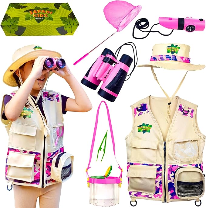Bug Hunting Kit, Pink Safari Vest, Hat, Binoculars, Lg. Butterfly Net, Bug Container, Whistle, Flashlight, Magnifier, Thermostat, Compass, Age 3+-CubbioJoy
