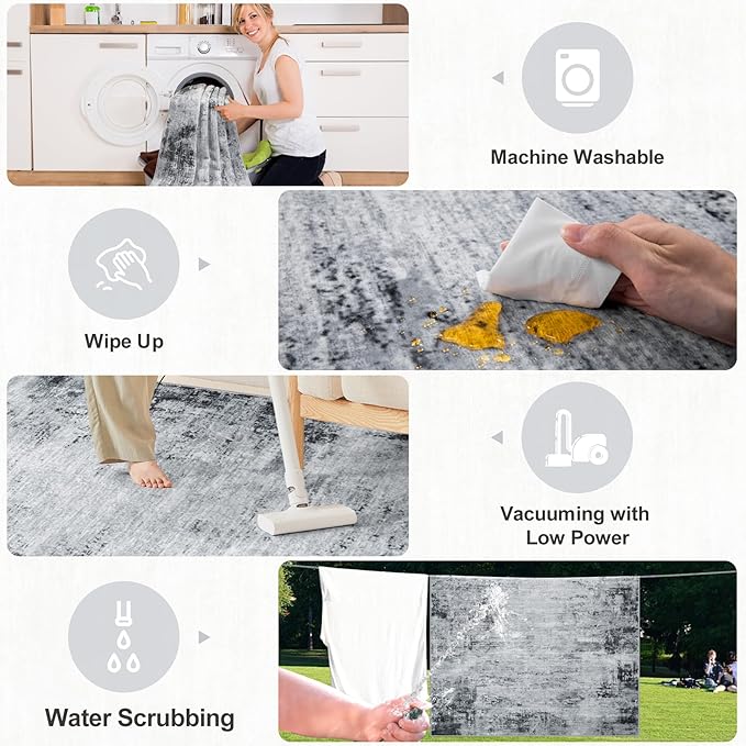 6x9 Area Rugs for Living Room - Washable Rug Modern Abstract Soft Large Neutral Non-Slip Carpet Indoor Floor Thin Carpets for Bedroom Dining Room Farmhouse Nursery Home Office Black-CubbioJoy