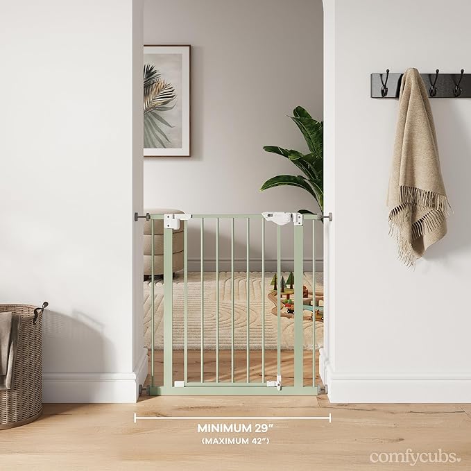 Comfy Cubs Baby Safety Gate with 3 Extensions - Adjustable 42" x 1.9" x 30" Q195 Steel Doorway Barrier - Powder-Coated Finish for Stairs and Doorways - Walk-Through Design Pet Gate - Sage-CubbioJoy