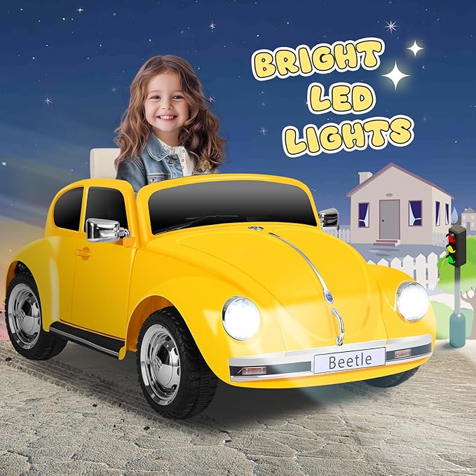 12V Kids Electric Car, Power Wheels with Remote Control, Ride on Car Toys with LED Light, 3 Speeds, Music, Yellow-CubbioJoy