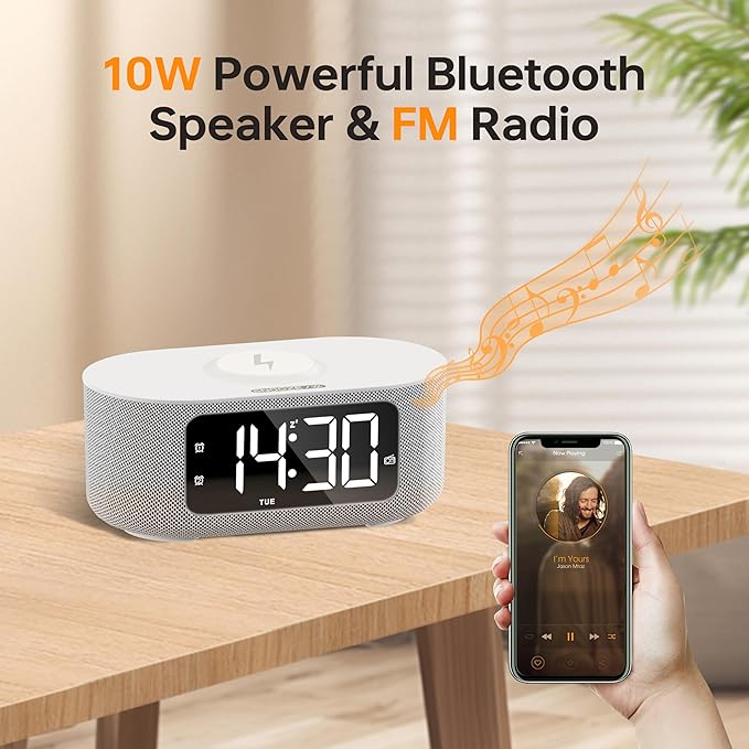 JALL Fabric Alarm Clock for Bedroom, with Big Led Screen Display, Bluetooth Stereo Sound Speaker, FM Radio, Fast Wireless Charging, USB Charging Port, Nightlight, White Noise, Ideal for Gift, Gray-CubbioJoy