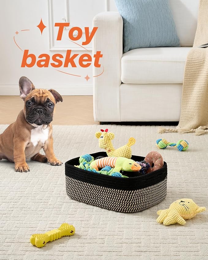 KALLAX Small Woven Basket, 13.5 x 9.5 x 5 Inches, Storage Basket for Organizing, Cute Small Rope Shelf Closet Cube Storage Bins Baskets for Shelves, Dog Toy Gift Baskets Empty, 3 Pack Black & Brown-CubbioJoy