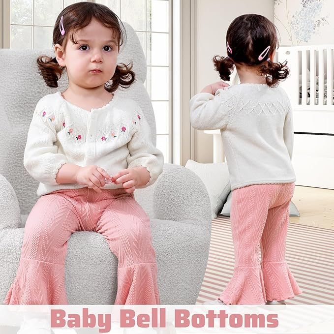 2 Pack Toddler Baby Girl Pants Flare Leggings Ribbed Knit Newborn Bell Bottoms Solid Ruffle Infant Pants for Girls-CubbioJoy