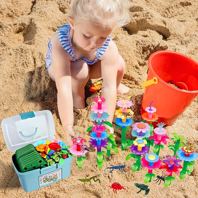 Birthday Toys Gifts for 2 3 4 5 6 Years Old Toddler Girls Boys, 156 PCS Insect Flower Garden Building Educational STEM Learning Pretend Play Gardening Set, Gifts for Preschool Kids Age 2+-CubbioJoy