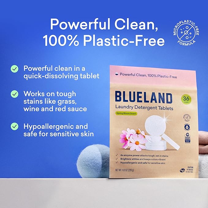 BLUELAND Laundry Detergent Tablets, 36 Count, Spring Bloom Scent, Plastic-Free Eco-Friendly Pods, Sheets, Liquid Alternative - Safe for Sensitive Skin, Gentle-CubbioJoy